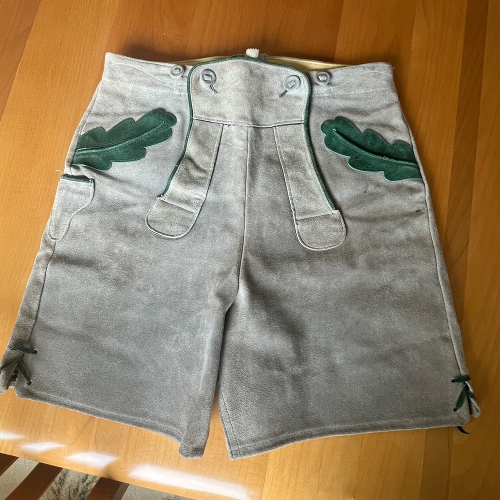 Vintage Gray Lederhosen with Green Leaf Accents
